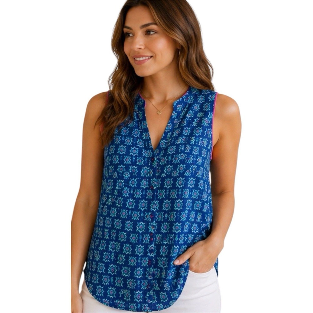 Maeve Anthropologie Ada Swing Blouse Women's 4 Blue Pink Aztec Sleeveless - Picture 1 of 10